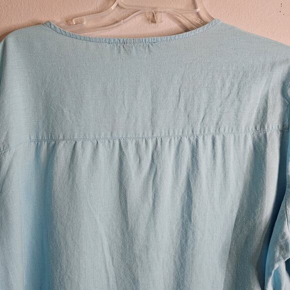 Emily Daniels Women's XL Blouse, Aqua Woven Linen Blend 3/4 Roll-tab Sleeves - Picture 8 of 12